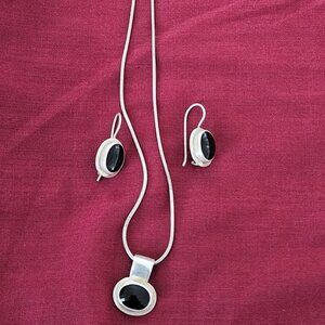 Sterling Silver necklace and drop earrings, black stones; 3-piece set